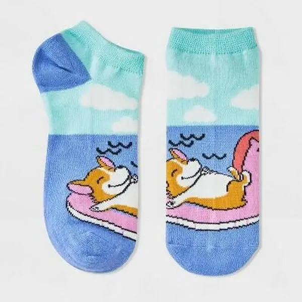 Women's Low Cut Ankle Socks, Corgi Pattern Knit Fabric with Banded Cuff for Everyday Wear, Blue/Pink, Size 4-10