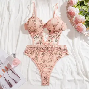 [BAOCHENHUASHOP]Women's one-piece sports bra, hollow waist, cute floral embroidered lace, breathable mesh, beach swimsuit for outdoor