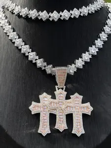Men's Hip Hop Cross Pendant Necklace, Vintage Full Diamond Brass Zircon Jewelry, Unique Trendy Accessory, Fashionable Gift Idea, Sparkling Zirconia, Sparkling Cz Necklace