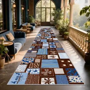 Vintage Patchwork Blue Geometric Rug, Hallway Carpet, Soft Comfortable Floor Mat for Living Room Kitchen Corridor Bedroom