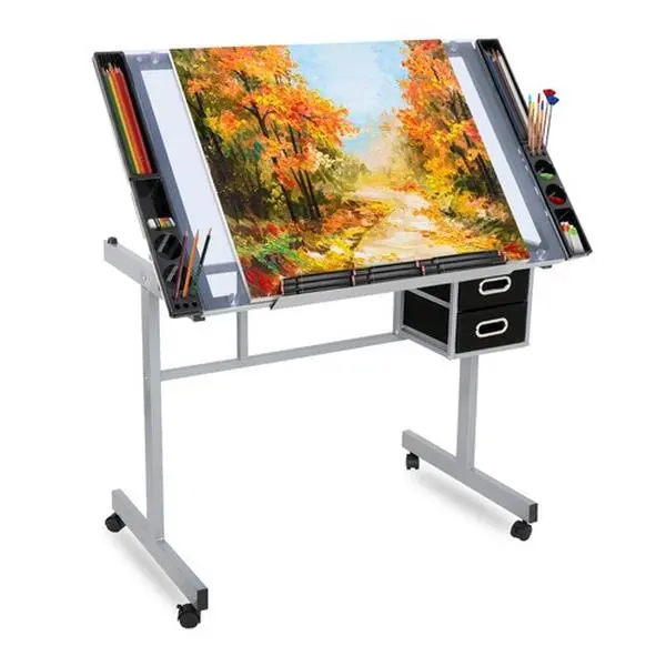 Segawe Adjustable Drafting Table Art Desk Drawing Table Glass Tabletop w/2 Slide Drawer