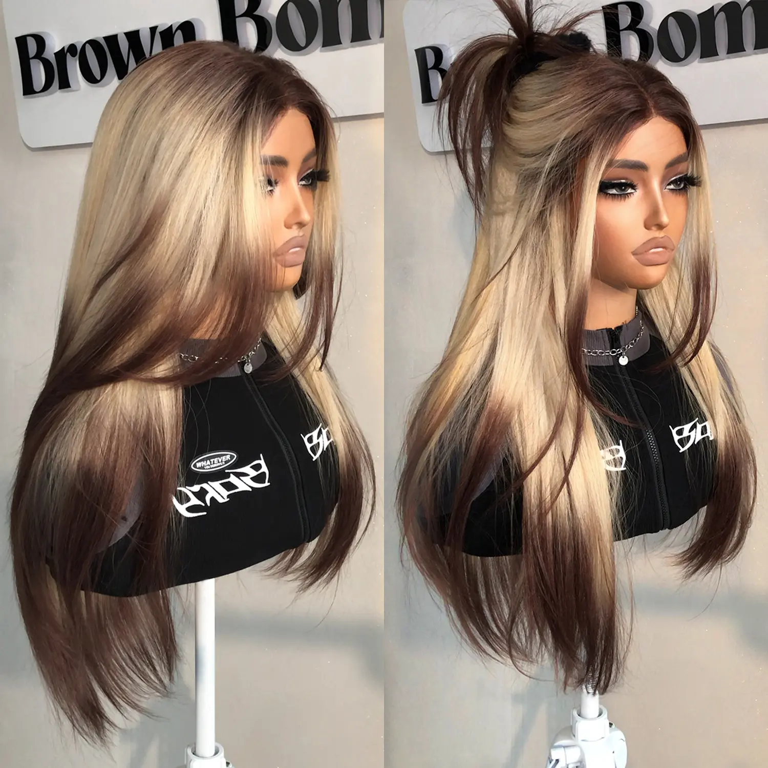 BROWNBOMB Glueless Lace Front Wig - 26-Inch Layered Heat Resistant Synthetic Wig with Bangs, Pre-Cut Fluffy Natural Hairline, Easy-to-Wear for Weddings, Dates, Wedding, Glueless Wigs