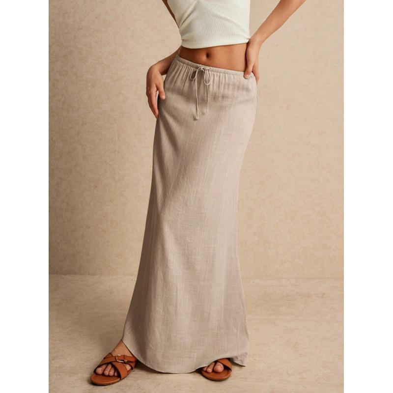 LYD- Women's White Maxi Skirt - Minimalist Drawstring Linen Fabric, Regular Fit, Casual Style, All Seasons Bottoms for Home Wear -LYD sport summer smash women leopard vertical bell