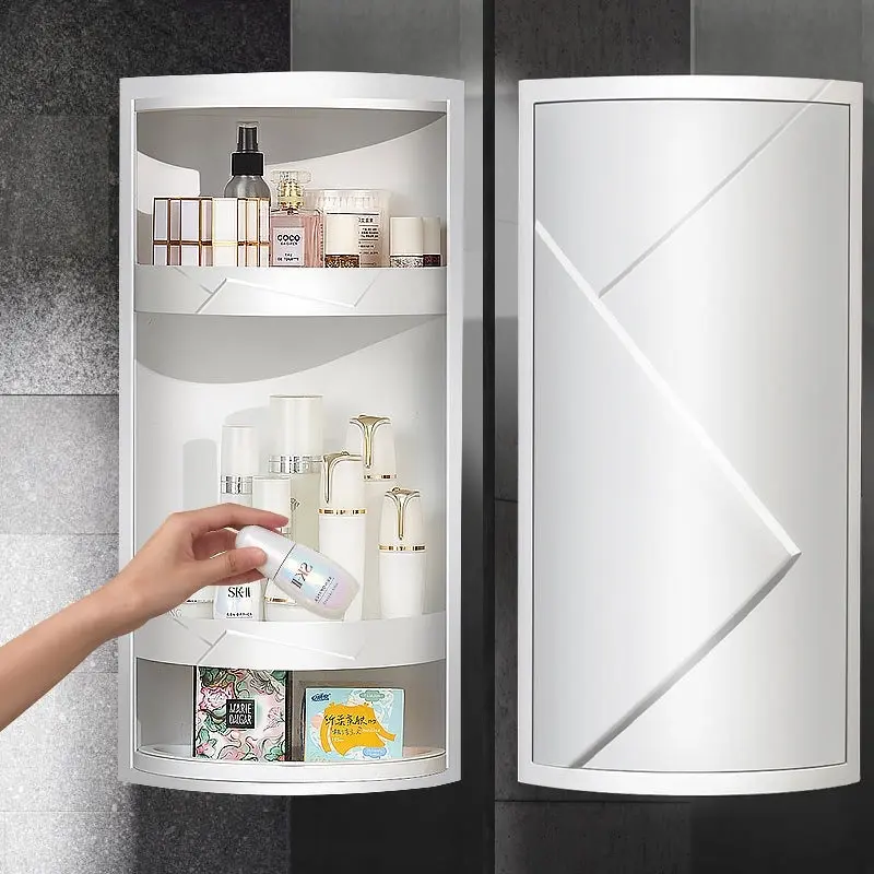 Rotatable Bathroom Makeup Organizer Corner Plastic Wall Mounted Storage Rack Box Installation