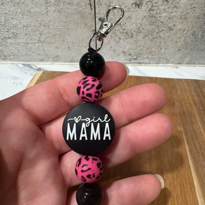 Girl Mama Keychain - Pink Leopard Print Mom with Black Beads and Silver Hook