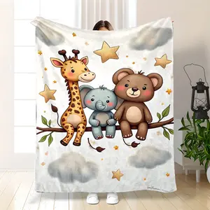 1Pc Bedspread - Giraffe Elephant & Teddy Bear Plush-Like Flannel Blanket Soft Beige/Brown All-Season Bed Cover Cozy Bedspread For & Room Easy-Care Machine Washable Retro Decor 280GSM