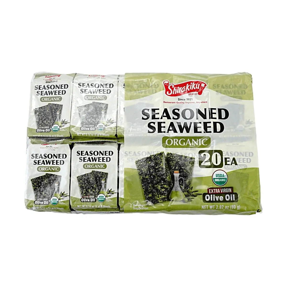 Shirakiku Organic Extra Virgin Olive Oil Seasoned Seaweed Snacks, 20 Packs, 80g - USDA Certified Organic