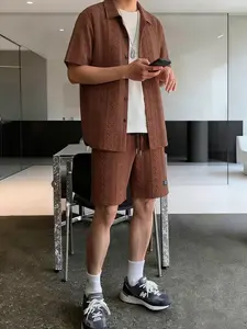 Men's Brown Textured 2-Piece Loungewear Set - Short Sleeve Camp Collar Shirt & Matching Drawstring Shorts, Soft Breathable Fabric, Relaxed Fit for At-Home Lounging, Lazy Weekends & Casual Evenings, Homewear
