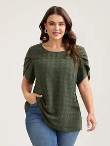 BloomChic Women's Plus Size Textured Color-Contrast Petal Short-Sleeve Blouse - Regular-Length Smooth Polyester Fabric Garment, 2026 Summer Lady Essential [M-6X],summervibes