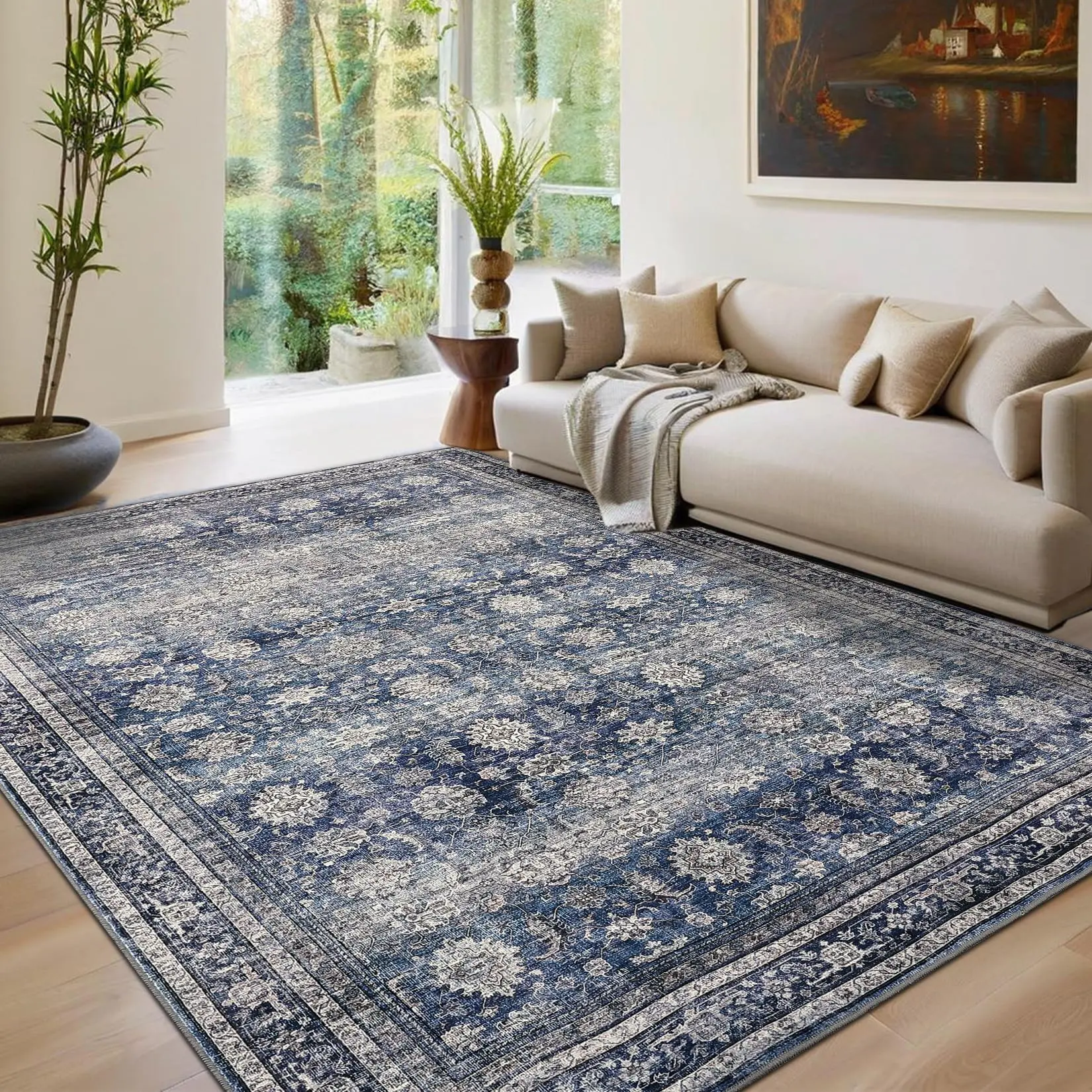10x13 Washable Vintage Area Rug - Non-Slip Backing, Stain-Resistant Oriental Design, Low-Pile Farmhouse Accent Rug for Bedroom, Living Room, Blue