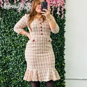 Peplum Lorena Dress Plaid Dress Red and Cream colored and Gold Accents. True to Size. Perfect for Thanksgiving, Christmas or New Years.