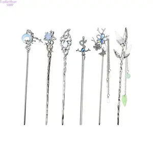 6PCS Star & Moon Hair Sticks for Buns, Vintage Silver Metal Hair Chopsticks, Elegant Updo Holders for Long Hair, Chinese Hanfu & Asian Hairpins for Women & Girls
