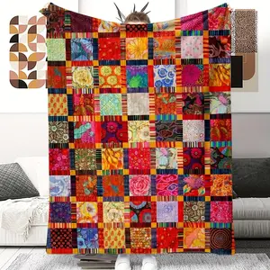 Vintage Patchwork Quilted Throw Blanket – Flannel Fleece, Soft Cozy All-Season, Multipurpose Office, Outdoor, Travel Blanket, Stain Resistant, Machine Washable, Digital Print Polyester – Quilting Craftsmanship