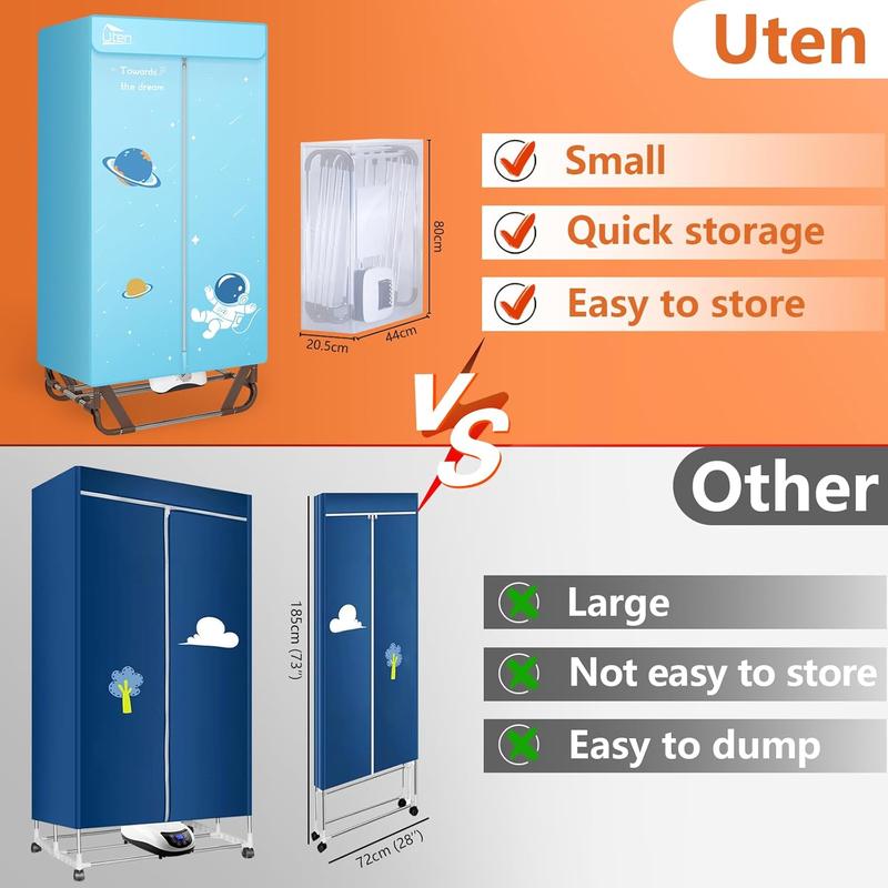 Uten Clothes Dryer Portable, 1500W Power Electric Clothes Hooded Dryer Machine with Timer, 2-Tier Laundry Drying Wardrobe, Foldable Clothes Drying Rack and Dryer for Travel, Apartments, RV, Home - Blue