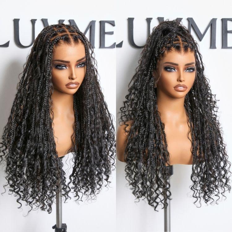 Luvme Braided Wig Knotless 26'' Braids Wig Boho Briaded Wigs Box Braid Human Hair Curls Flexi-Fit Invisi Drawstring Cap HD Full Lace Super Natural Scalp
