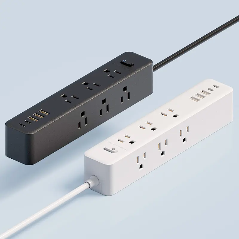 Surge Protector Power Strip with 1.5m & 3m Extended Length Extension Cords, 6 Ac Outlets, 5 USB Ports, Flat Plug, Home Office Charging Station