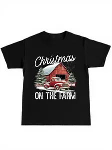 Farm Christmas Theme T-Shirt, Comfortable Material, Barn Truck Snow Scene Print, Casual Long Sleeve, Country Style Holiday Clothing