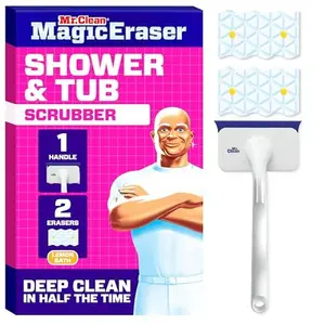 Magic Eraser Shower & Tub Scrubber, All-in-One Bathroom Cleaner, Cuts Soap Scum & Grime, Foaming Magic Erasers, Shower Scrubber with Handle, Streak-Free, Fast Bathroom Cleaning, Lemon Scented Cleaner, Bathroom Cleaning Tools