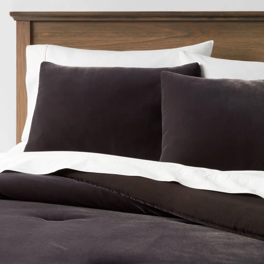 Full/Queen Lustrous Velvet Comforter & Sham Set Black - Threshold: Gender Neutral OEKO-TEX Certified