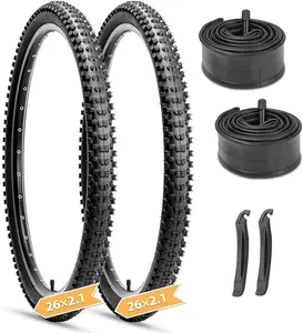 Hycline Mountain Bike Tires Set: 2-Pack 26/27.5/29x2.1 Inch Folding Replacement All-Terrain High-Density Bicycle Tires with Pair Tubes & Tire Levers Compatible for Street Off-Road Riding