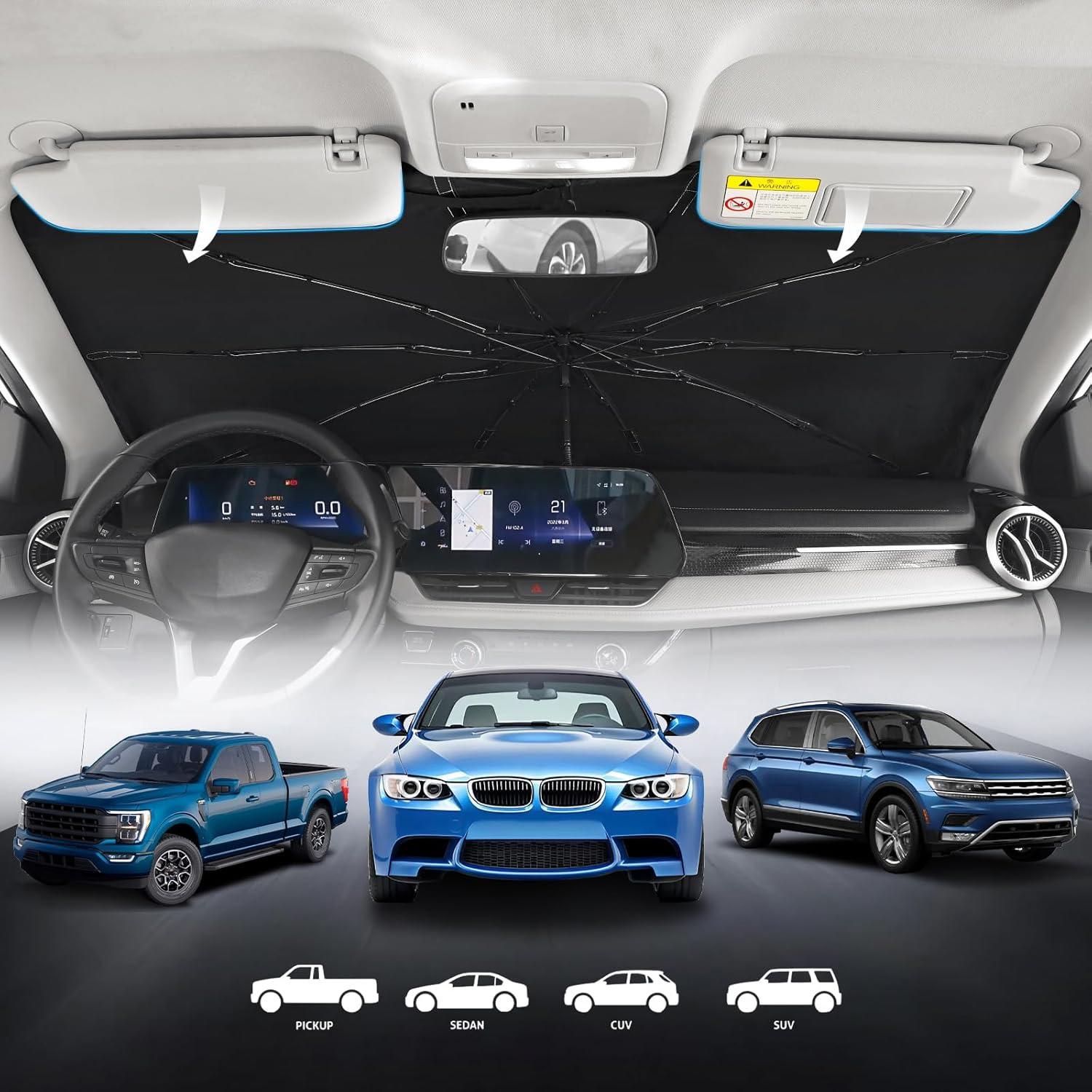 Foldable Car Windshield Sunshade Umbrella 140x79cm – UV Protection & Automotive Interior Sun Protection, Compact Storage, Easy Setup Sun Blocker for Cars, SUVs, Trucks,Car Stuff