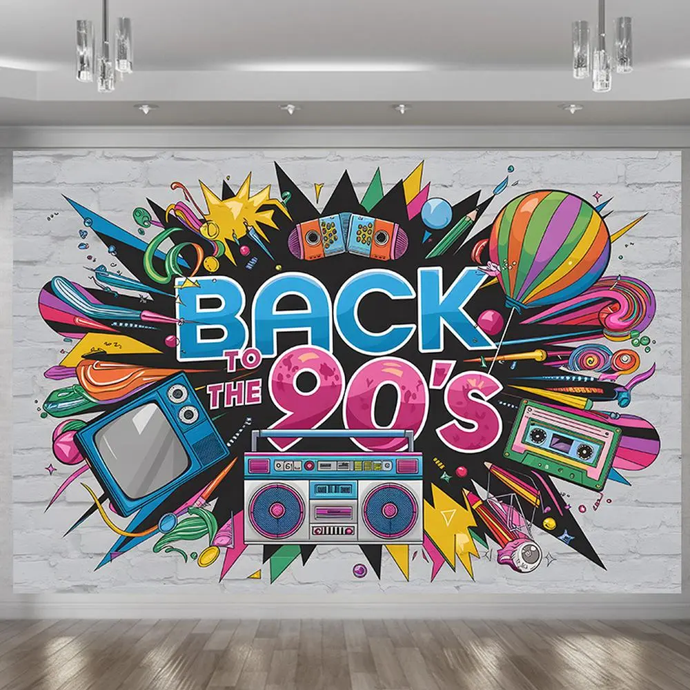 Polyester Modern Farmhouse Retro 90s Party Backdrop Banner, 1pc Vibrant Amber Glow Wall Decoration with "Back to the 90's" Text & Nostalgic Design, Ideal for Parties, Home Props