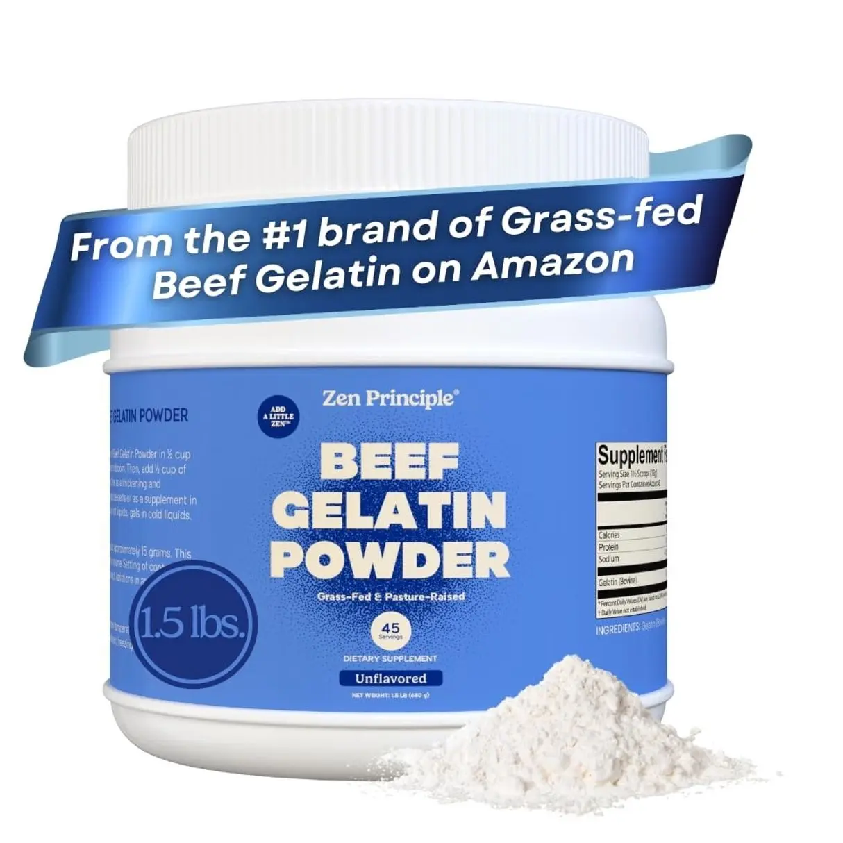 Zen Principle Grass-Fed Gelatin Powder, 1.5 lb. Custom Anti-Aging Protein for Healthy Hair, Skin, Joints & Nails. Paleo and Keto Friendly. Cooking and Baking. GMO-Free and Gluten-Free. Unflavored.