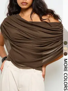 Women's Brown Off-Shoulder Draped Elegant Blouse - Sheer Asymmetrical Top for Office & Casual Outings | Trendy Quiet Luxury, Viral TikTok Top