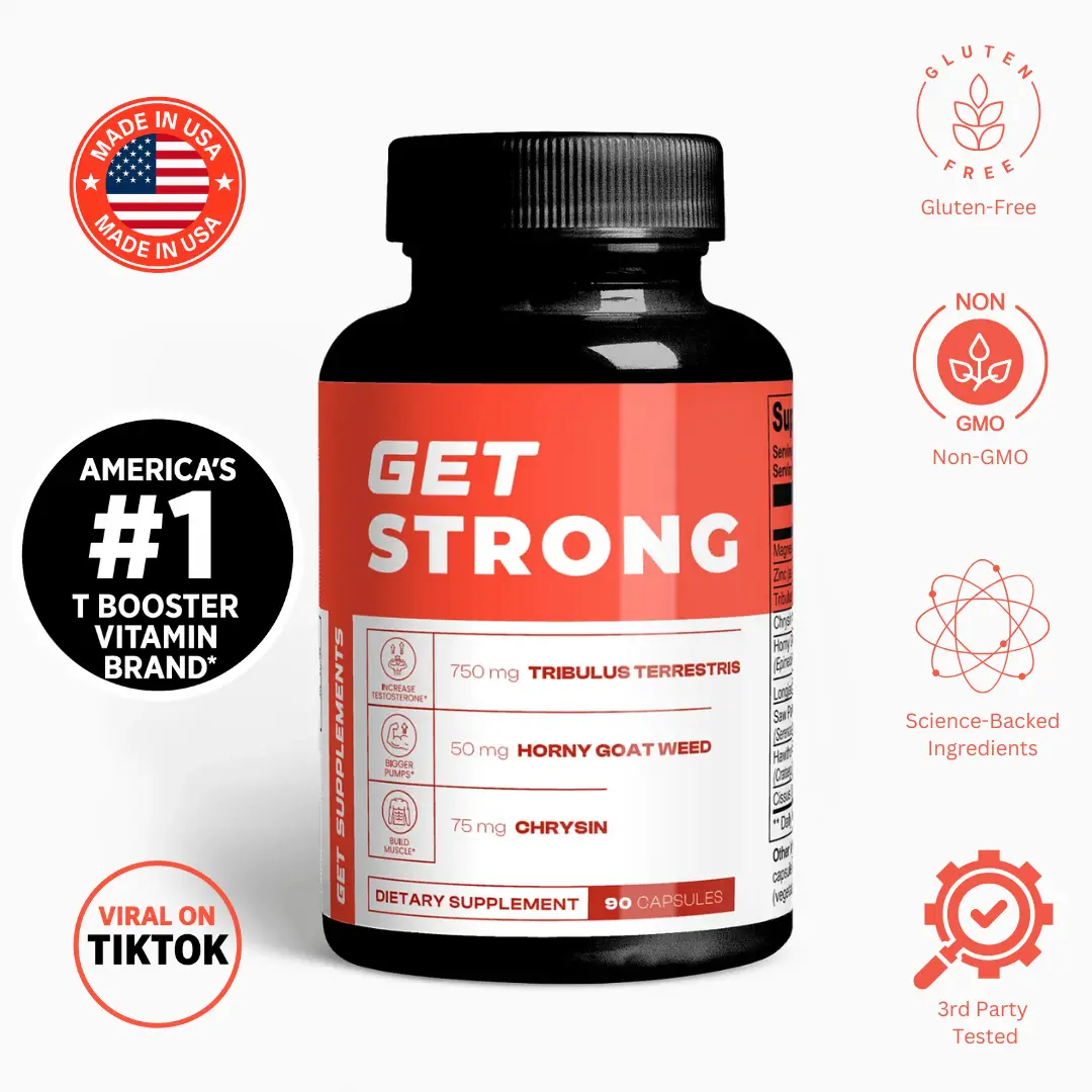 GET STRONG Vitamins - 750mg Tribulus Terrestris 50mg Horny Goat Weed & 75mg Chrysin for Muscle Support Energy Boost & Heart Health Made in USA Gluten-