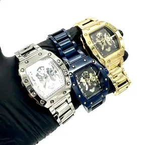 Men's Gold/Silver/Black Skeleton Luxury Bling Metal Strap Tonneau Watch