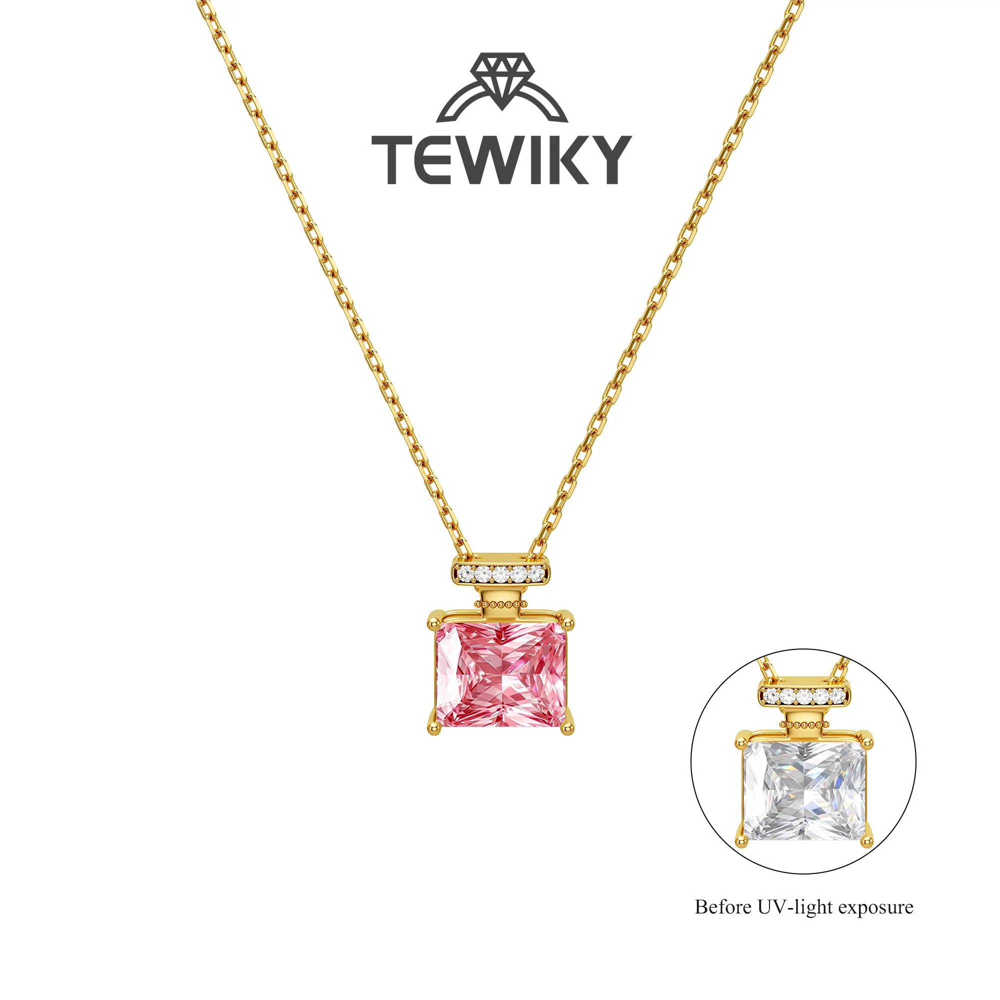 TEWIKY 14K Gold-Plated UV Color-Changing Zircon Perfume Bottle Pendant Necklace, Gold with 8*10mm White Zircon That Changes Color Under UV Light, Women's Fashion Jewelry Necklace, Unique Jewelry Accessory