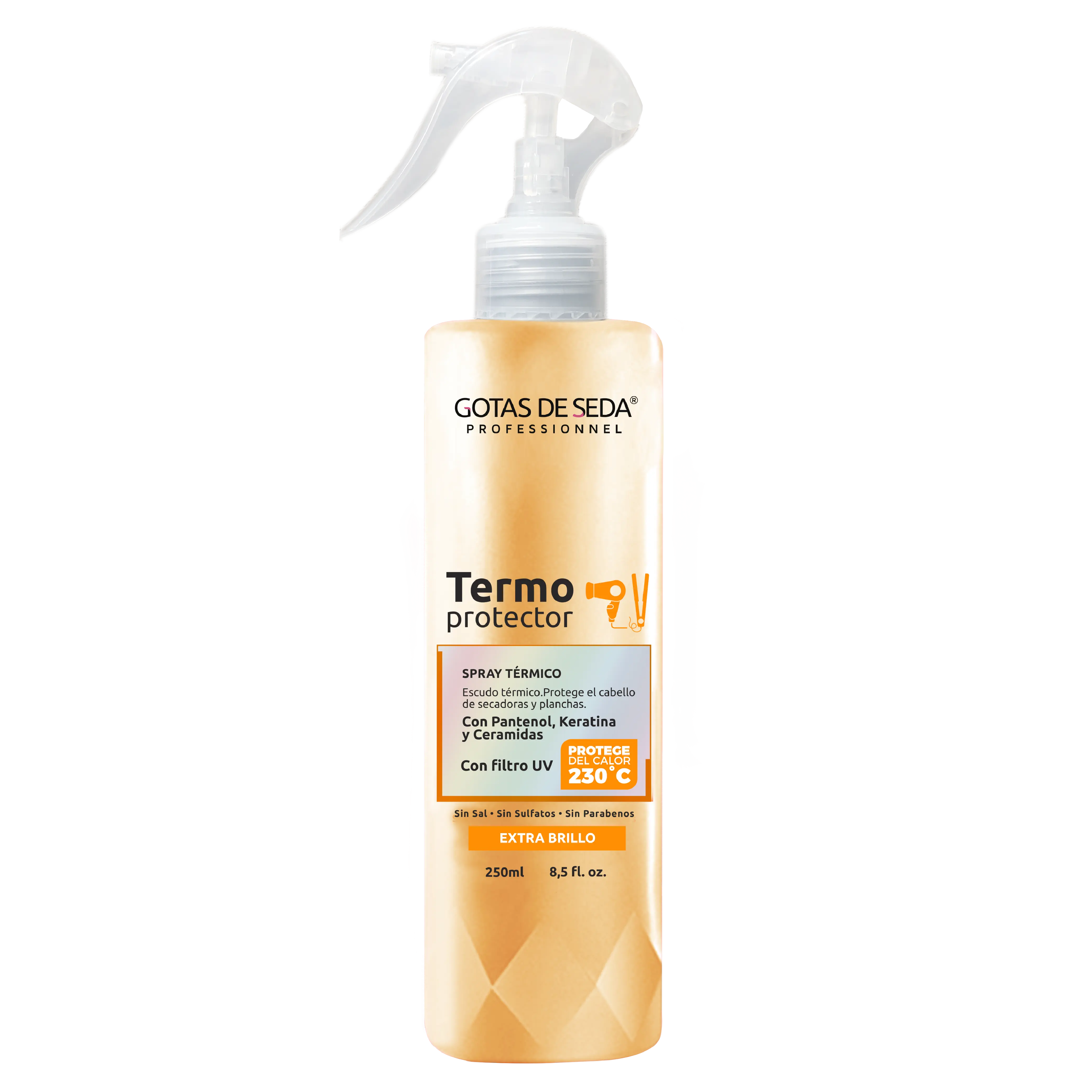 Gotas de Seda Professional Termo Protector Heat Protectant Spray with Keratin Panthenol & Ceramides Extra Shine UV Filter 250ml
