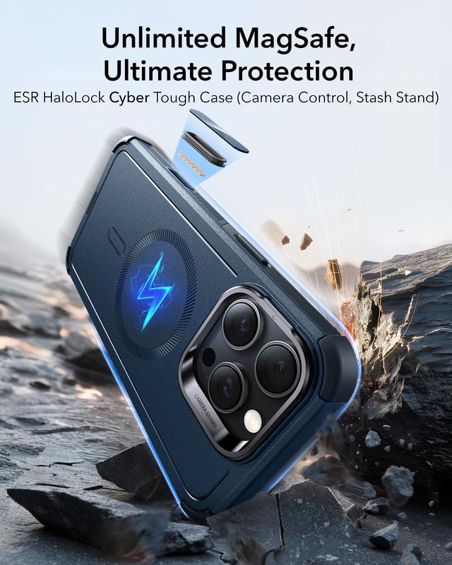 ESR for iPhone 17/16/15 Case with Stash Stand, Camera Control, 23FT Military-Grade Shock-Absorbing Drop Protection, Compatible with MagSafe Accessories, Magnetic Cyber Series