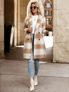 New Autumn Winter Casual Vintage Style Mid-Length Plaid Coat, Button Front Jacket, Fleece Lined Outerwear for Women