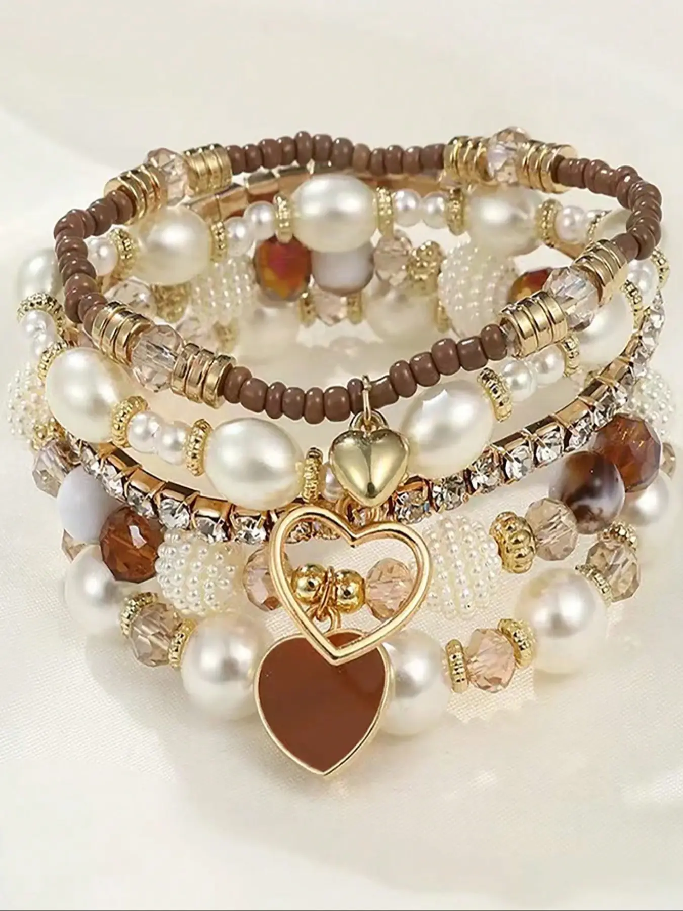 Women's 5-Piece Pearl & Crystal Beaded Bracelet Set, Stackable Bracelet, Elegant Multilayer Design, Perfect Gift for Her, Stylish Jewelry Accessory, Suitable For Holiday, Party, Date, Gift, Daily Wear