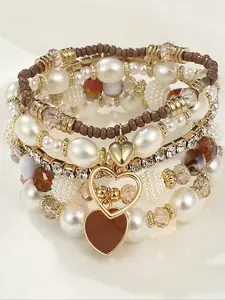 Women's 5-Piece Pearl & Crystal Beaded Bracelet Set, Elegant Multilayer Design, Stackable Bracelets, Perfect Gift for Her, Stylish Jewelry Accessory, Crystal Bracelets, Pretty Bracelet, Fashionable Bracelet