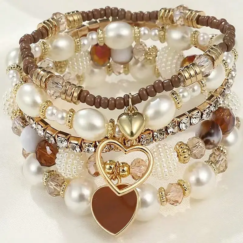 Women's 5-Piece Beaded Bracelet Set, Elegant Stackable Bracelet, Stacked Design Bracelets, Stylish Jewelry Accessory, Perfect Gift for Her, Suitable for Holiday, Party, Date and Daily Wear