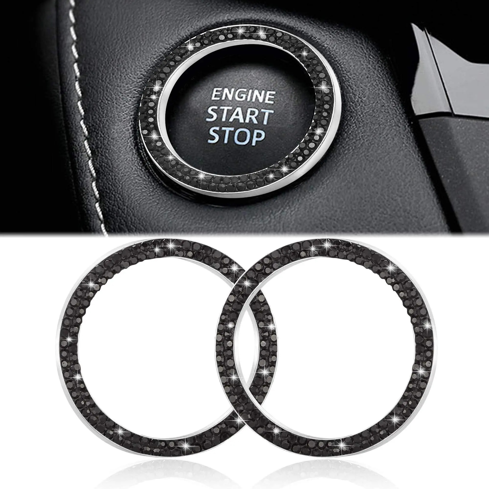 2-Pack Shiny Black Rhinestone Car Engine Start-Stop Button Decor Stickers, Easy-Install Car Interior Decorative Accessories with Shiny Rings
