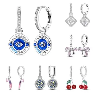 Blue Eyes Hoop Earrings 925 Sterling Silver Original Shining Zircon Feather Cherry Earrings For Women Luxury Jewelry Party Gift
