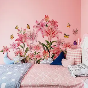 A pink lily spring wall sticker, Decorative Decal, for bedroom and living room background wall home decoration, self-adhesive, MS7306-YC