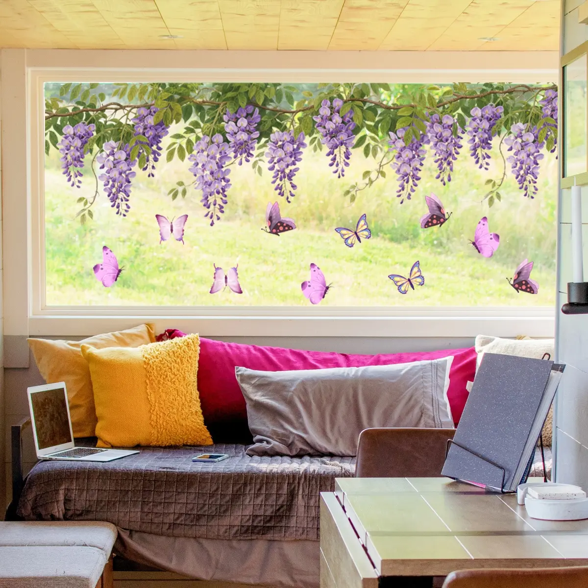 Floral Wisteria Butterfly Window Sticker, Butterfly Stickers, Static Cling Decal for Glass Doors & Display Windows, Easy Peel-Off Decoration