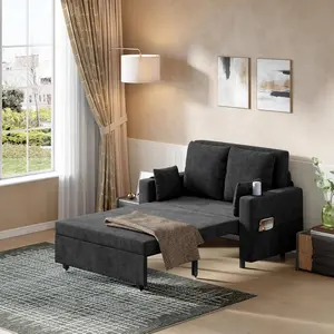 Garvee 3-in-1 Pull-Out Loveseat Sleeper Sofa Bed, 56” Convertible Full Size Couch with Cup Holders and USB Charging Port, Supports Up to 1000lbs, Modern Black Living Room Furniture