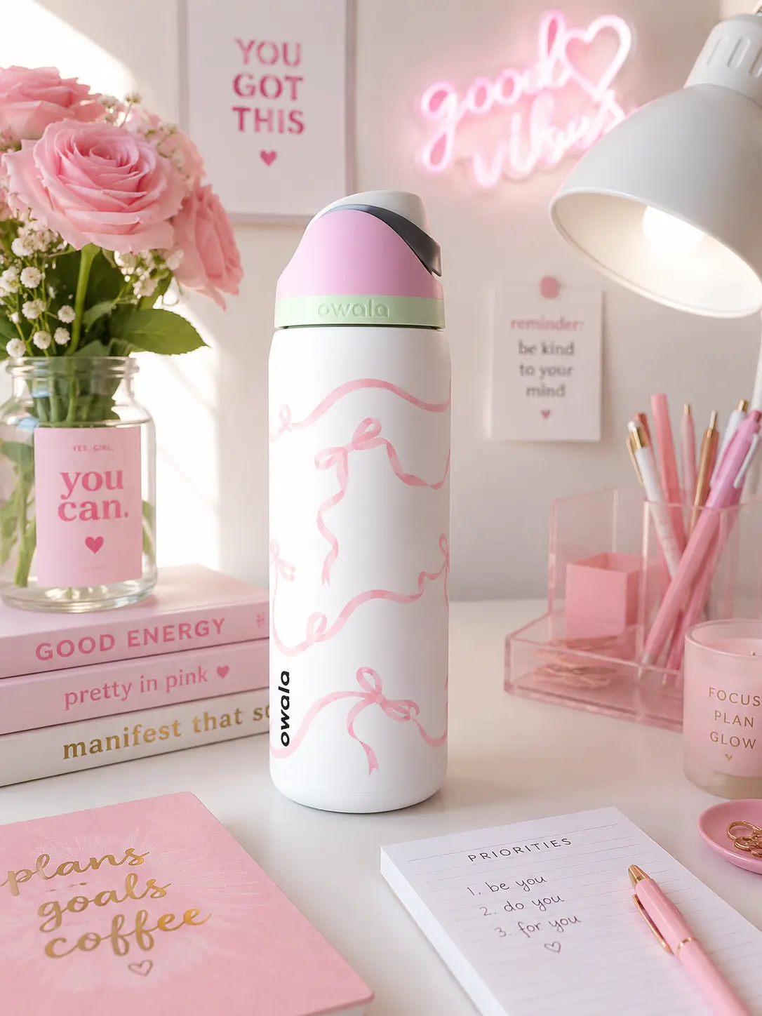 Owala FreeSip 32oz – Cute Pink Bow Ribbon Stainless Steel Water Bottle