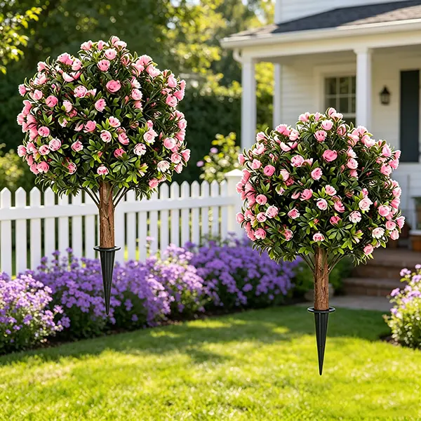 24-inch artificial pink spherical tree with ground nails (2-piece set), anti-ultraviolet artificial plants everywhere, evergreen boxwood shrub, suitable for indoor and outdoor porch garden backyard decoration.