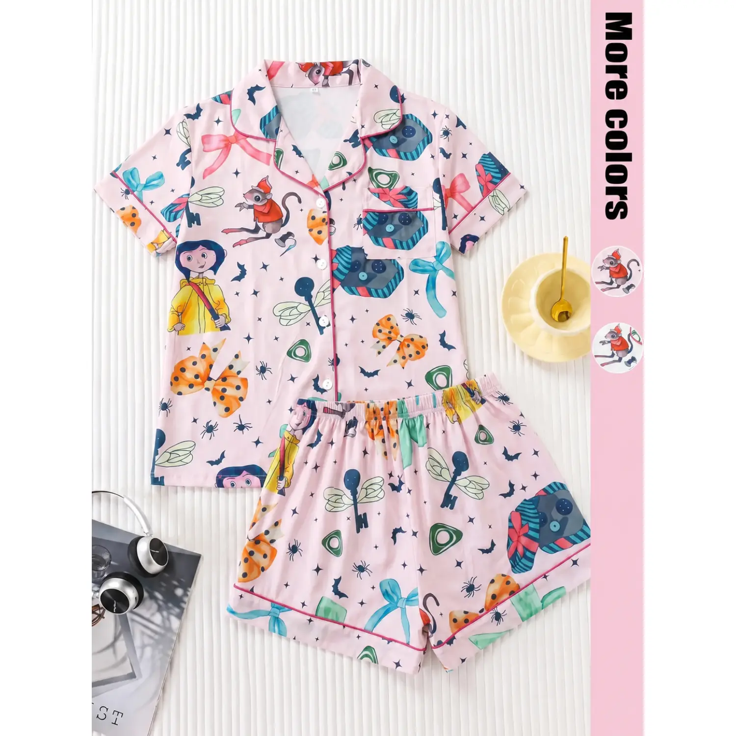 Women's Cartoon Fantasy Pajama Set, Short Sleeve Buttoned Top & Relaxed Shorts, Casual Summer Loungewear for All Seasons