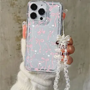 Pink Ribbon Glitter Phone Case with Bow Charm Strap Shockproof Wear-resistant Fits iPhone 11–17 Pro Max Compatible with iPhone 11/12/13/14/15, 16 Pro Max/16 Pro/16P