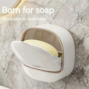 Waterproof Wall-Mounted Soap Holder with Drain & Flip Cover – Antibacterial Soap Dish Keeps Soap Dry, Clean & Organized (White)