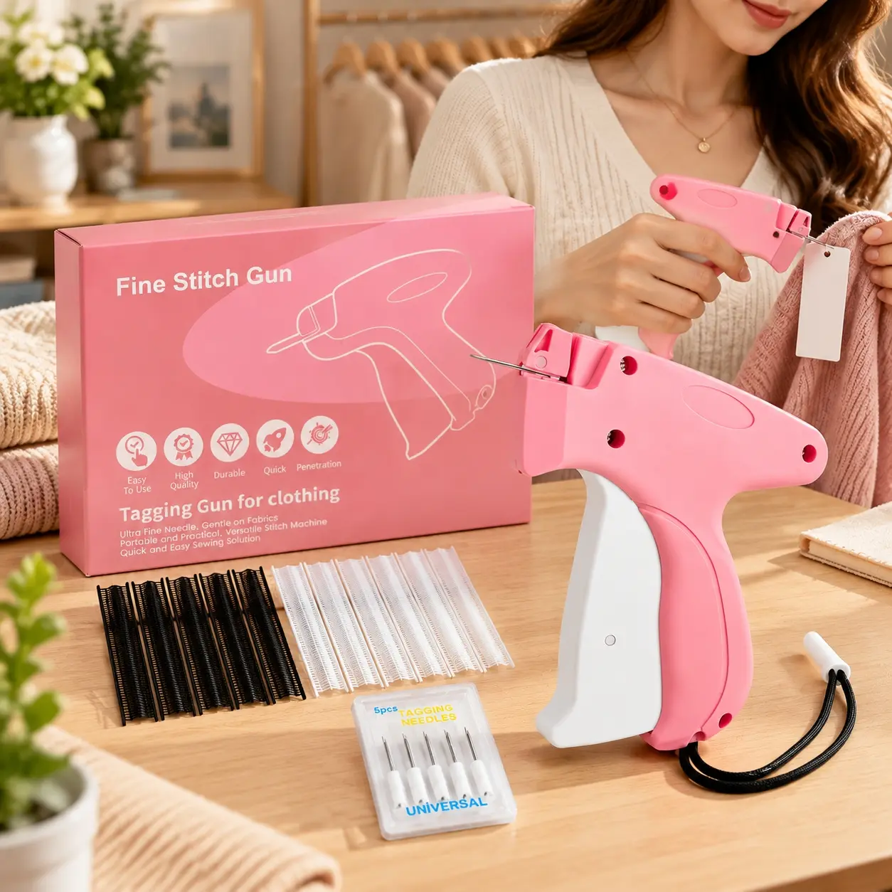 Handheld Mini Stitch Gun - Multifunctional Home Sewing Tool for Clothes Repair, Office Use, Abs Plastic Sewing Supplies Crafts Kit, Denim-Safe Hold, Clothes Repair, 5 Replacement Needles, 2000 Plastic Fasteners (1000 Black & 1000 White)