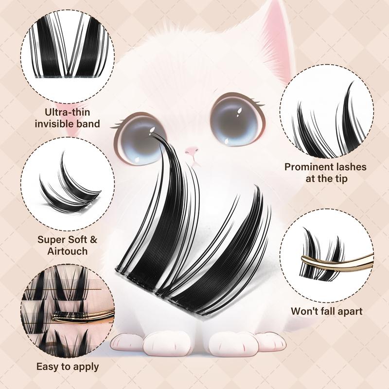 Cat Eye Lash Kit l JMS&JMS Kitty,Princess Cat Eye Lashes Clear Invisible Band C Curl,(8-18 MIX) for DIY Eyelash Cluster Extension Waterproof Anime Eyelash Manga Lash Valentine Gift Makeup Cosmetic
