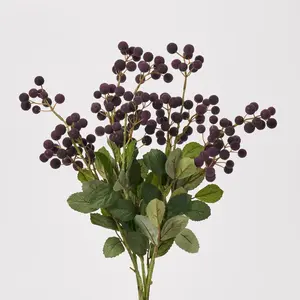 Sugar Coated Dark Purple Berry Cluster & Leaf Spray Faux Stem Bouquet - 21"